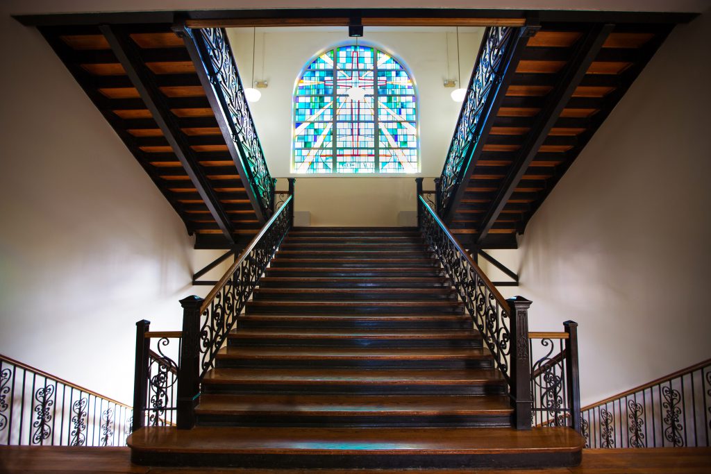 Mount Memorial stairs and stained glass window