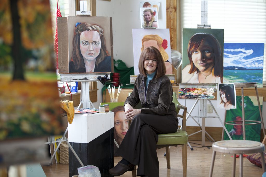 Illustration College Professor Reiff in art studio with paintings