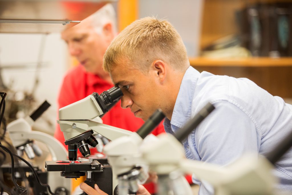 Student using microscope