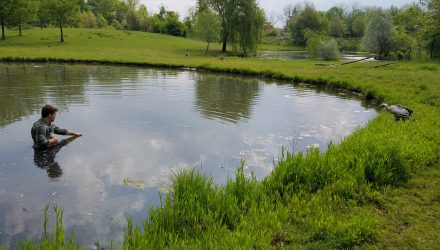 Student testing pond water