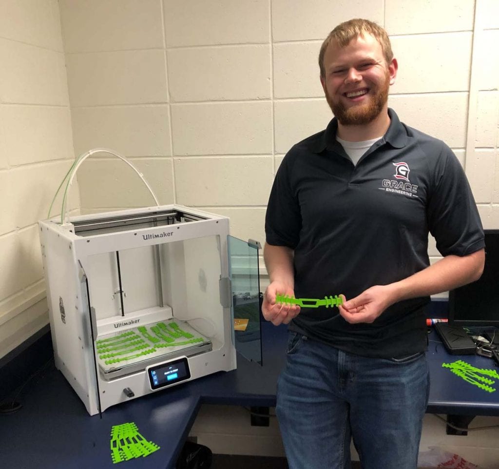 Grace College engineering student Abbott Joy is 3D printing ear guards to donate to local organizations on the front lines of COVID-19.