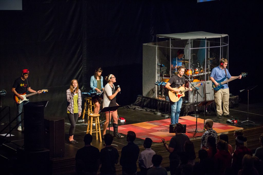 Grace College worship team leads music during a chapel service, offering ministry opportunities through worship, leadership, and creative expression.